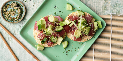 Poke with tuna, avo, cucumber, spring onion & furikake on Corn Thins slices