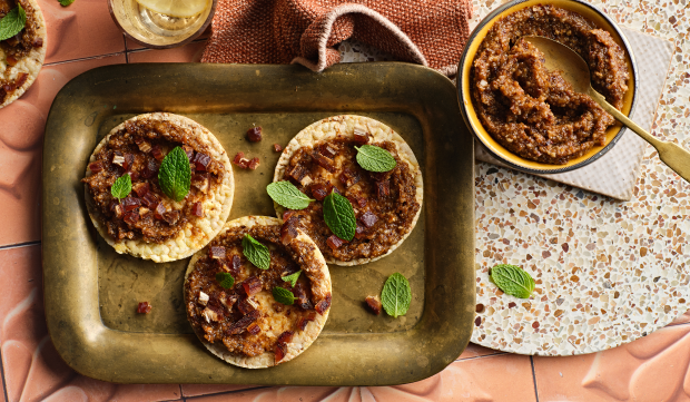 Moroccan Raisin Spread with Dates on Corn Thins slices