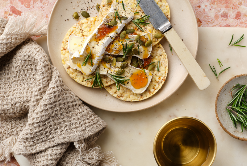 Brie, Seeds, Rosemary & Honey on Corn Thins slices