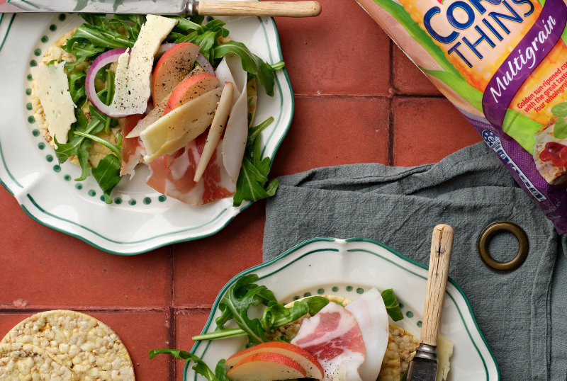 Havarti, Pear, Coppa, Red Onion, Rocket on Corn Thins slices