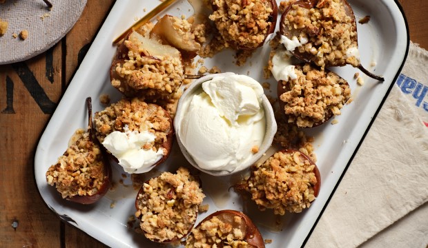 Roast pear with Corn Thins Crumble