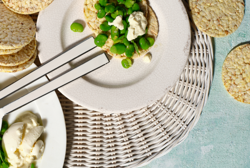 Broad Beans, Olive Oil, Lemon, Mint & Burrata on Corn Thins slices