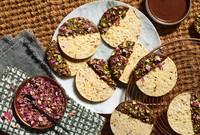 Dark Chocolate, Pistachio & Rose Petals with Corn Thins slices