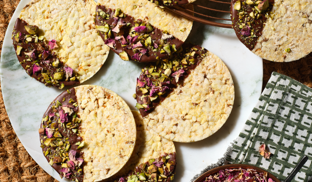 Dark chocolate, pistachio and rose petals 