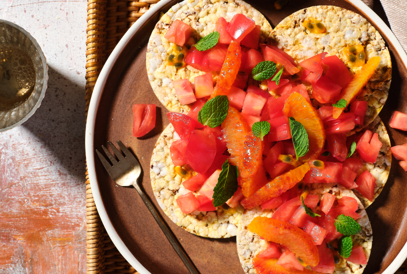 Heirloom Tomato, Blood Orange, Mint & Passionfruit on Corn Thins slices