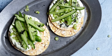 Spring onion dip, cucumber & spring onion on Corn Thins slices