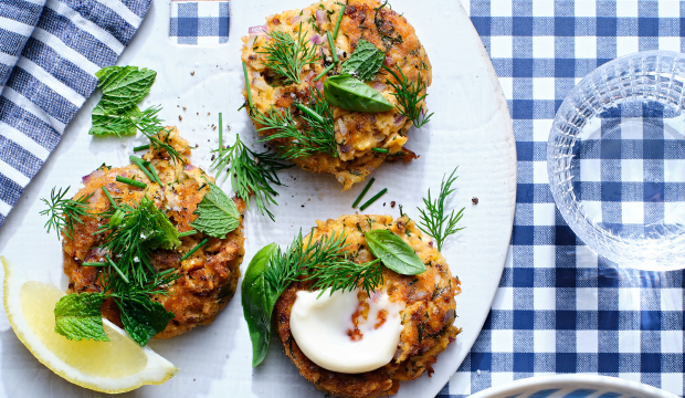 Family friendly salmon cakes on Corn Thins slices