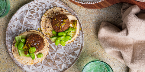 Hommus, falafel, cucumber, broad beans on Corn Thins slices