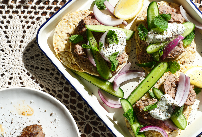 Lamb Kofta, Tzatziki, Cucumber & Red Onion on Corn Thins slices