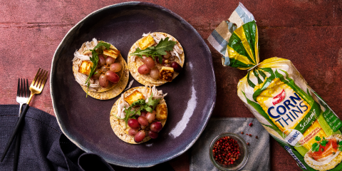 Roast Chicken, grapes & haloumi on Corn Thins slices