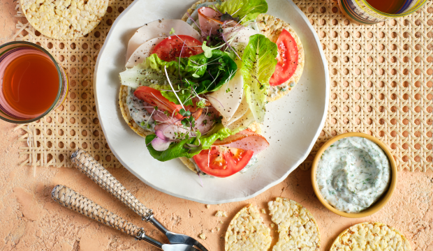 Herbed aioli ham turkey lettuce & tomato on Corn Thins slices