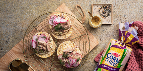 Horseradish cream, smoked mackerel, radish & dill on Corn Thins slices