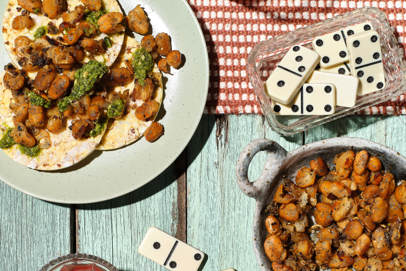 Brown Butter Beans, Garlic & Pesto on Corn Thins slices