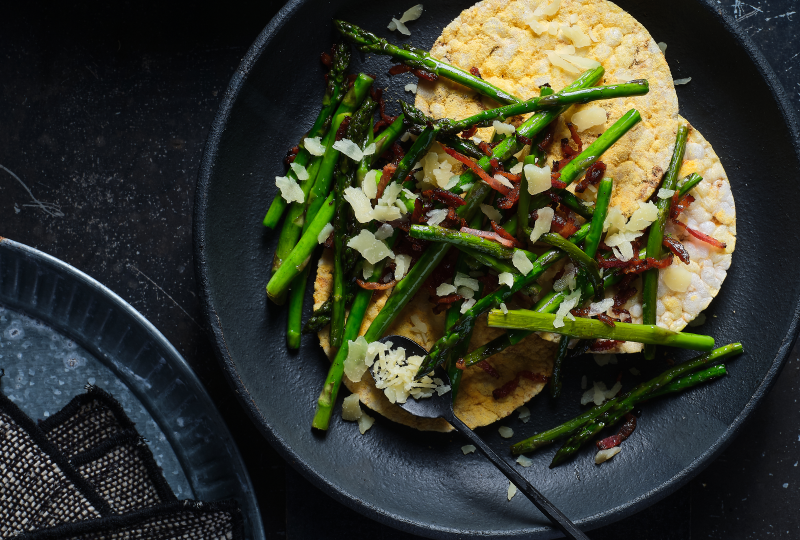 Fried Asparagus, Bacon (or Turkey) & Parmesan on Corn Thins slices