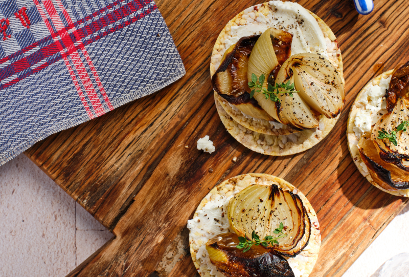 Goats Cheese, Roast Onions & Thyme on Corn Thins slices