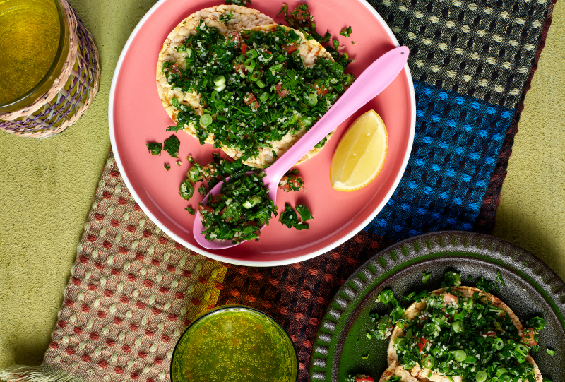 Corn Thins slices topped with Tabouli