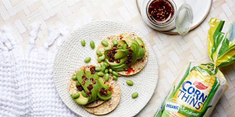 Avocado, Edamame & Chili Oil on Corn Thins slices