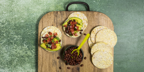 avo, tomato, black bean & coriander on Corn Thins slices