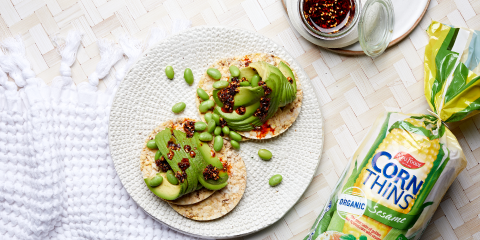Avocado, Edamame & Chili Oil on Corn Thins slices