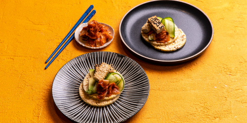 Avo, cucumber, tofu & kimchi on Corn Thins slices