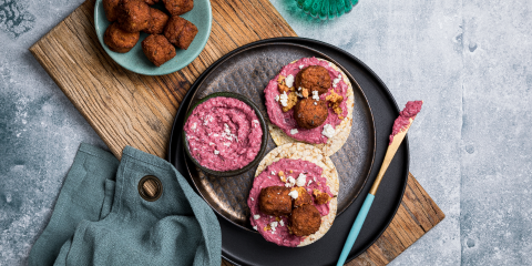 Beetroot Hommus, Veggie Bites & Feta on Corn Thins slices