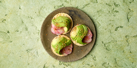 Avocado, radish, EVOO & Dukkah on Corn Thins slices
