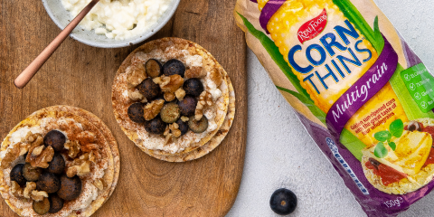 Cottage Cheese, blueberries, walnuts & cinnamon on Corn Thins slices