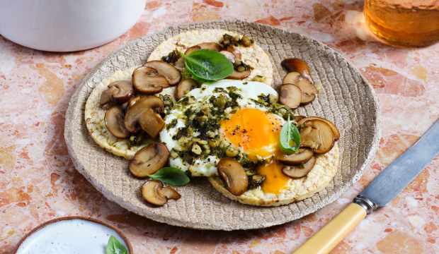 Pesto, eggs with mushrooms on Corn Thins slices