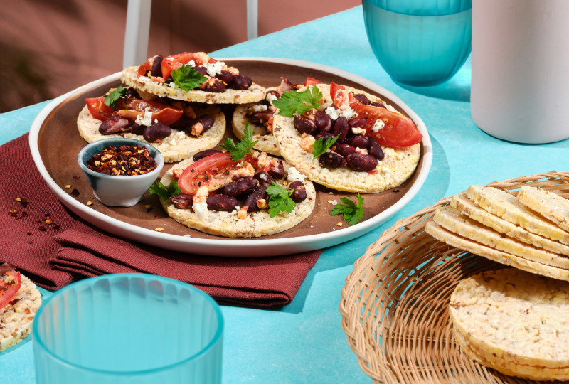 Bean and Feta Mixture on Corn Thins slices