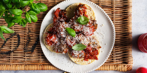 Meatballs & home made tomato sauce on Corn Thins slices