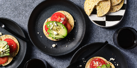 Tomato, Avocado, & Greek Feta on Corn Thins slices