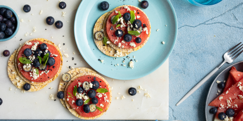 Watermelon, Blueberries, Feta & Mint on Corn Thins slices