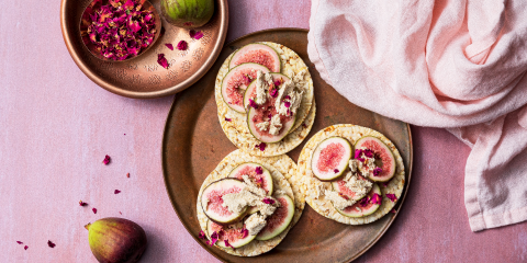 Fig, halva & rose petal on Corn Thins slices