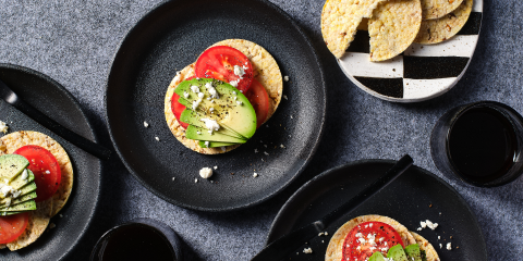 Tomato, Avocado, & Greek Feta on Corn Thins slices