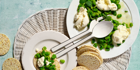Broad beans, olive oil, lemon & burrata on Corn Thins slices
