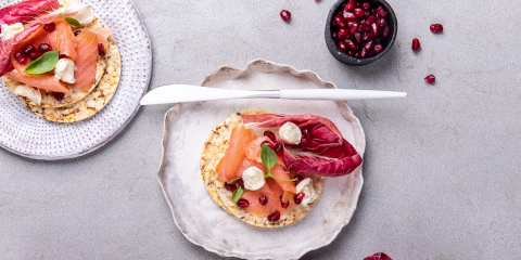 smoked salmon, bocconcini, basil & pomegranate on Corn Thins slices