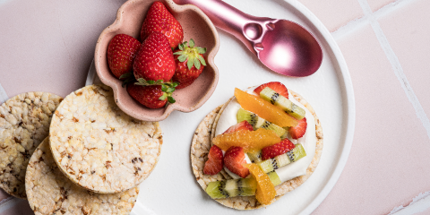Yoghurt, Orange, Strawberry & Kiwi fruit on Corn Thins slices