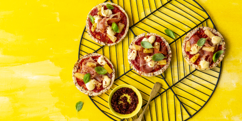 Ham & Prosciutto Pizza using Corn Thins slices as the base