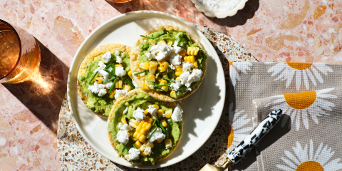 Smashed Avocado, charred corn, goat's cheese & chives on Corn Thins slices