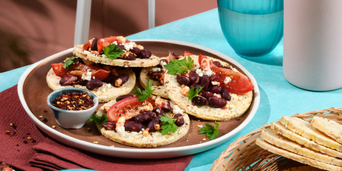 Beans, tomato & feta on Corn Thins slices