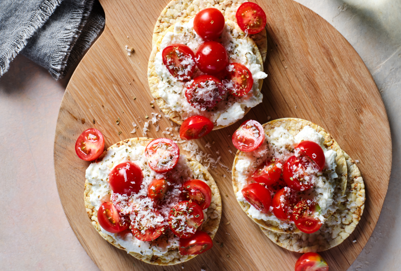 Cottage Cheese, Cherry Tomato, Oregano & Parmesan on Corn Thins slices