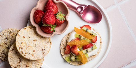 yoghurt, orange, kiwifruit & strawberry on Corn Thins slices