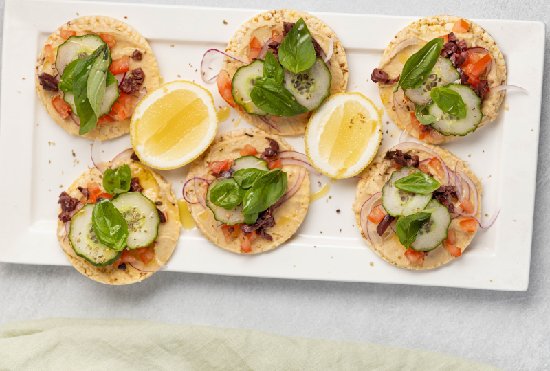 Mediterranean toppings on Corn Thins slices