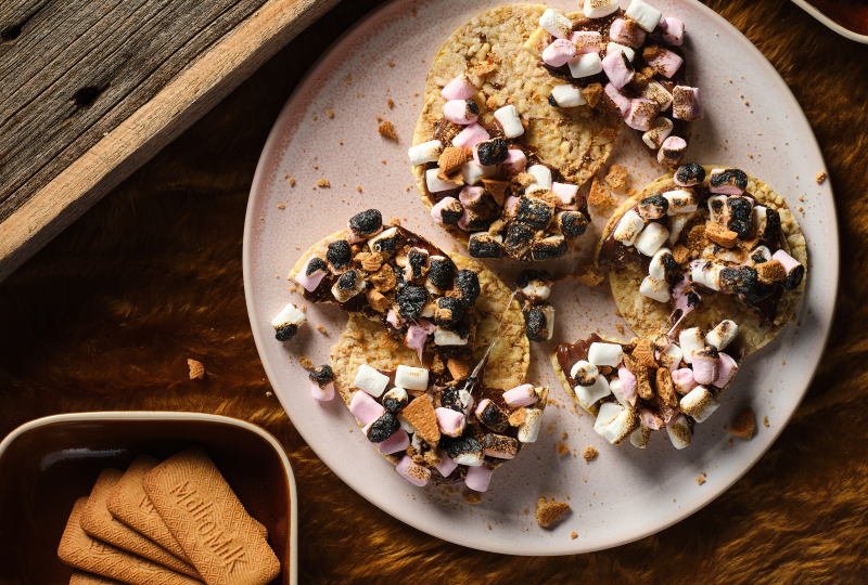 Nutella, Toasted Marshmallows & Crushed Biscuit on Corn Thins slices