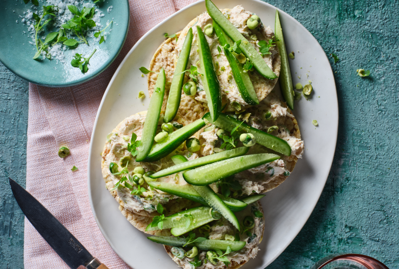 Tuna Rangoon, Baby Cucumber & Crushed Wasabi Peas on Corn Thins slices