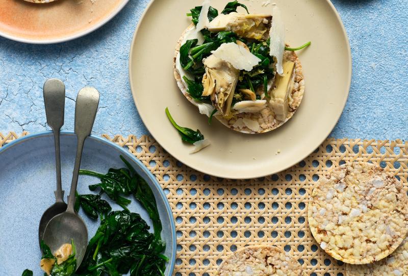 sauteed spinach, whipped cream cheese, marinated artichoke on Corn Thins slices