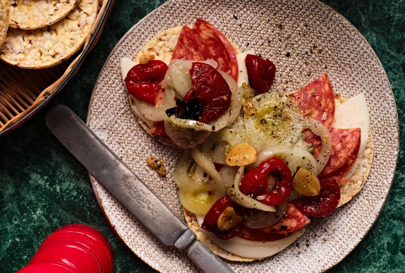 Provolone, Salami, Pickled Green Tomato & Red Capsicum on Corn Thins slices