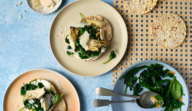 Sauteed spinach, whipped cream cheese& marinated artichoke on Corn Thins slices