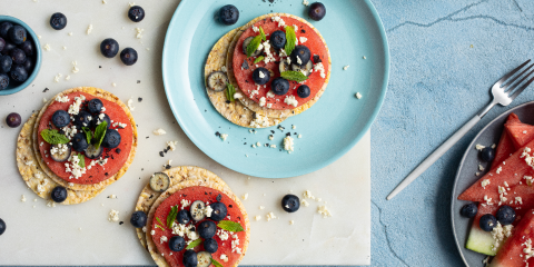 Watermelon, Blueberries, Feta & Mint on Corn Thins slices