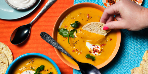 Spicy Thai Pumpkin Soup with Corn Thins slices